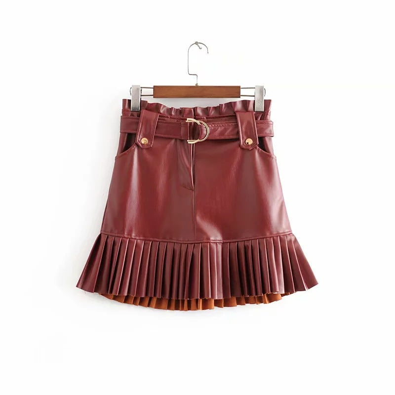 PU leather pleated skirt