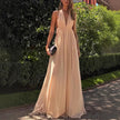 Summer Deep V-neck Long Evening Pleated Halter Backless Dress Women