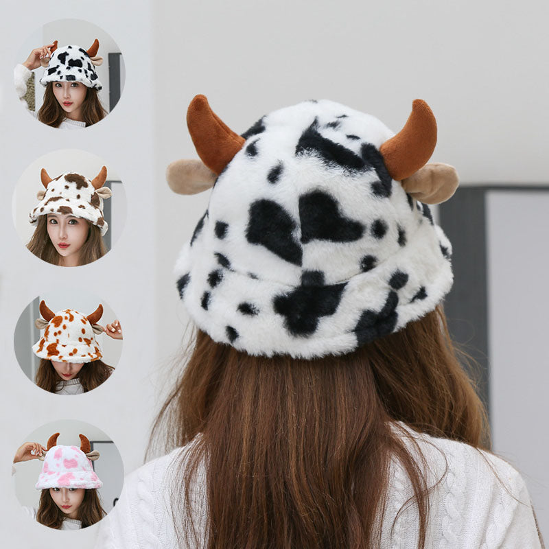 Cow Pattern Fisherman Hat With Cute Horn Winter Fashion Thickened Warm Plush Hat For Women