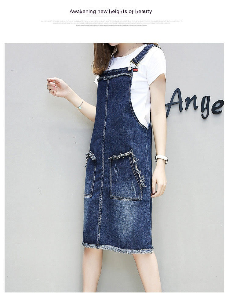 Plus-sized Plus Size Women's Slimming Denim Suspender Skirt Slim Fit Dress Fat Sister