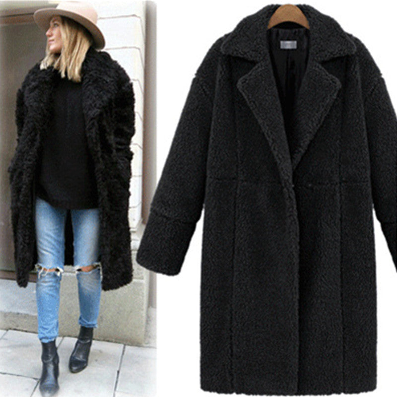 New Women's Cashmere Long-sleeved Solid Color Long Coat Woolen Coat