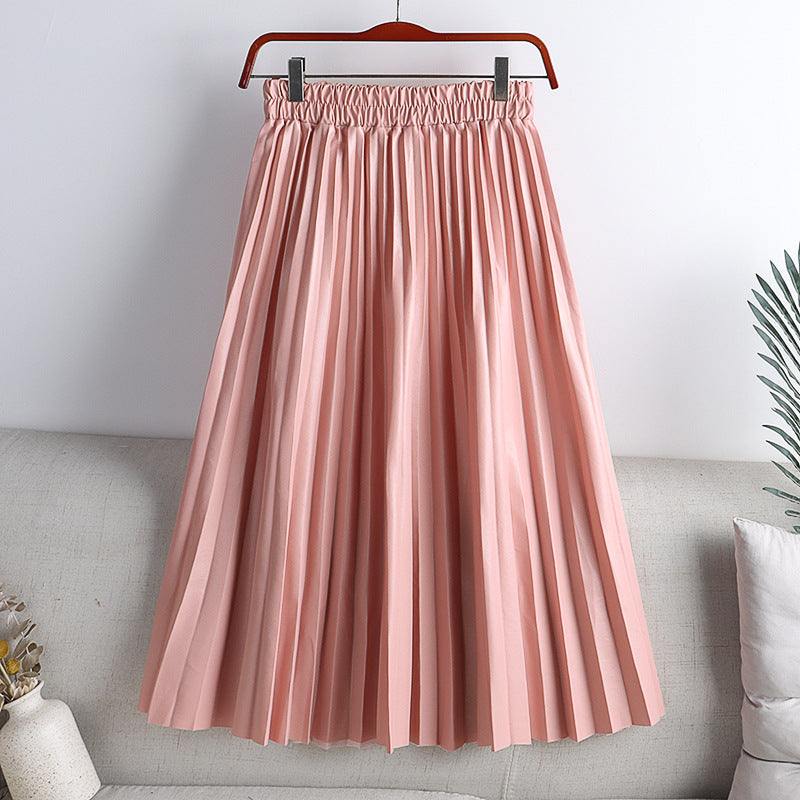 Solid Color Mid-length High Waist PU Leather Pleated Skirt For Women