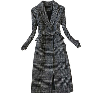 Was Thin Temperament Long Woolen Plaid Coat Woolen Coat