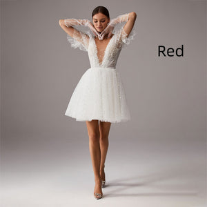 V-Neck Wedding Dress A-Line Short Sleeves Tulle