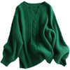 Emerald Wool Sweater Women V-neck Padded Pullover