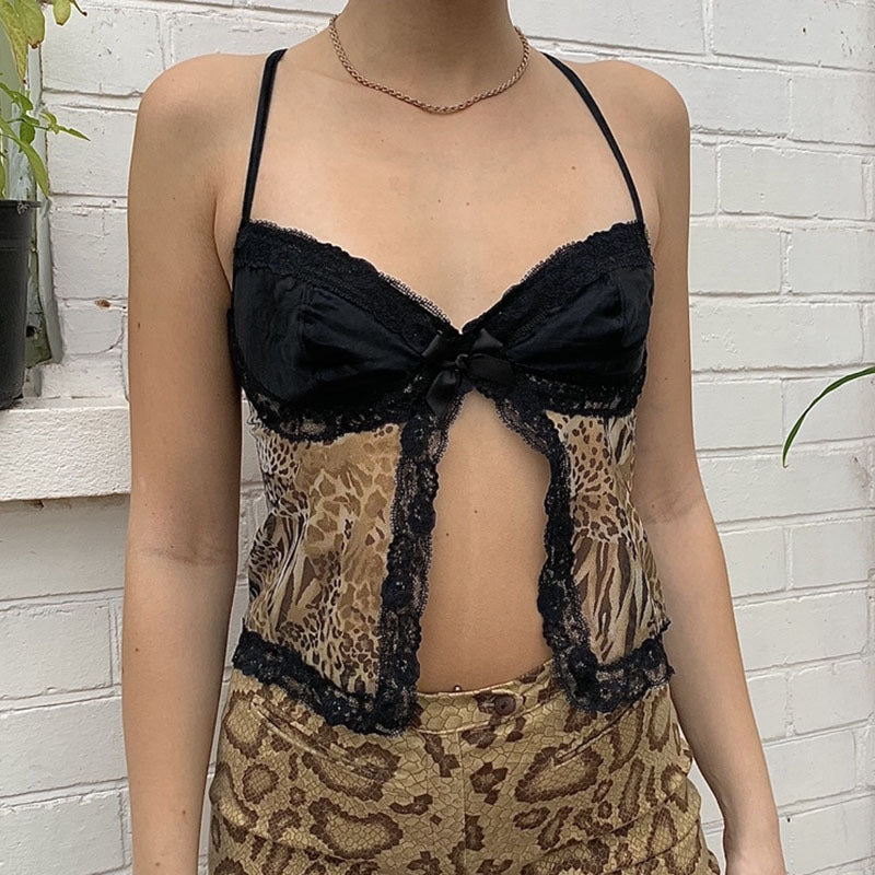 Sexy Bow-Knot Leopard-Print Mesh Camisole Women