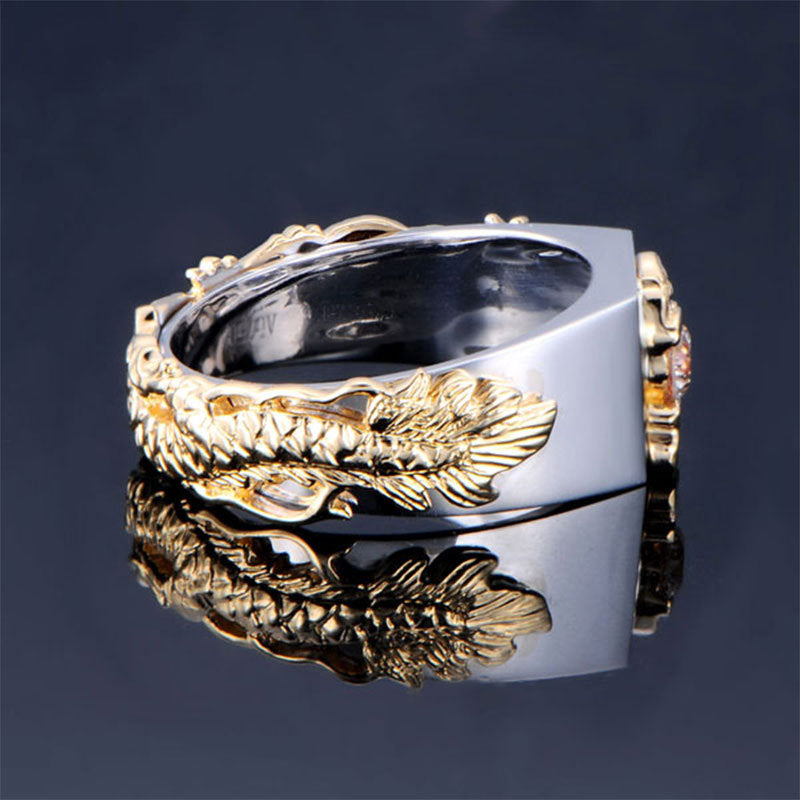 New Men's Domineering Dragon Pattern Two-color Zircon Rhinestone Ring Fashion Punk Hip Hop