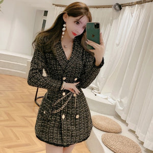 New Gold thread Plaid Suit Coat Women Notched Double breasted Feather Tassel Trim Slim Tweed Jacket With Free Belt bag