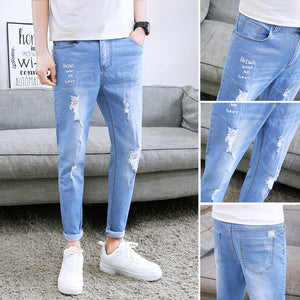 Autumn black ripped ankle jeans men