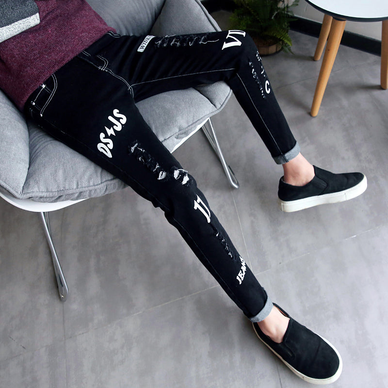 Autumn black ripped ankle jeans men