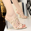 Women High Heels Shoes Transparent Crystal Flower Sandals