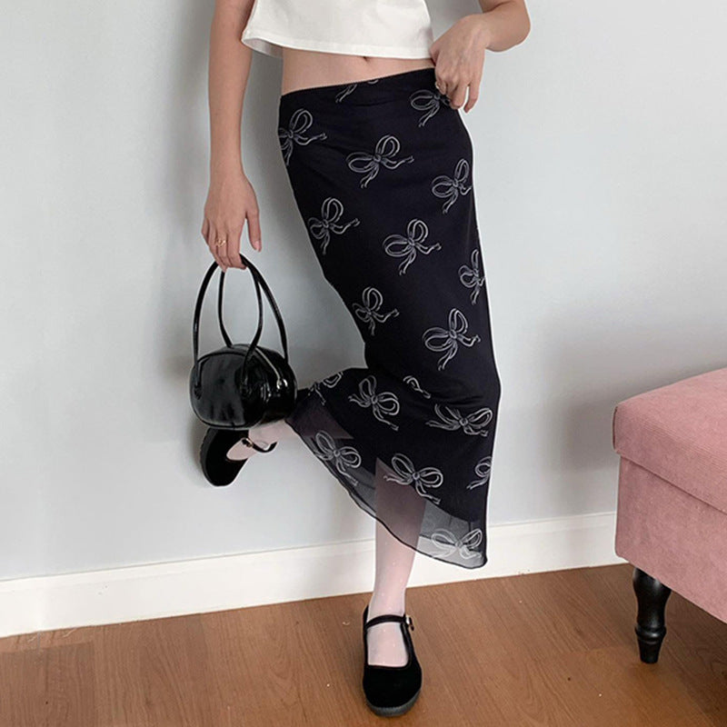 Retro Mesh Bow Printing Stitching Hip Skirt