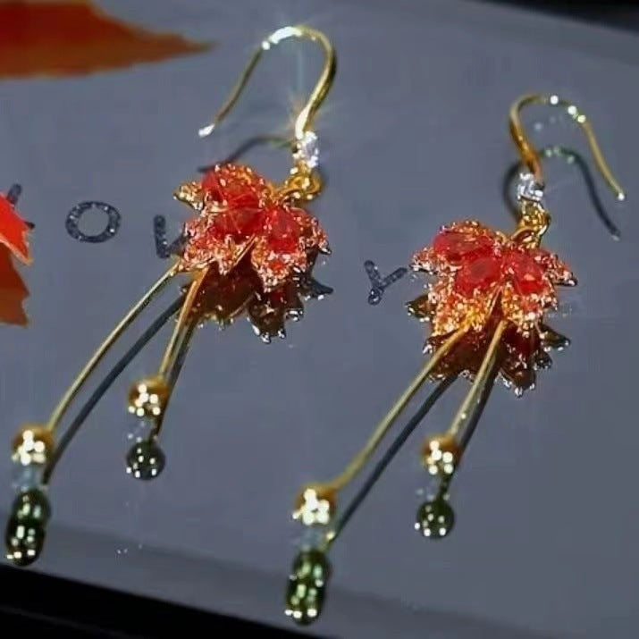 Tassel Red Rhinestone Leaf Earrings