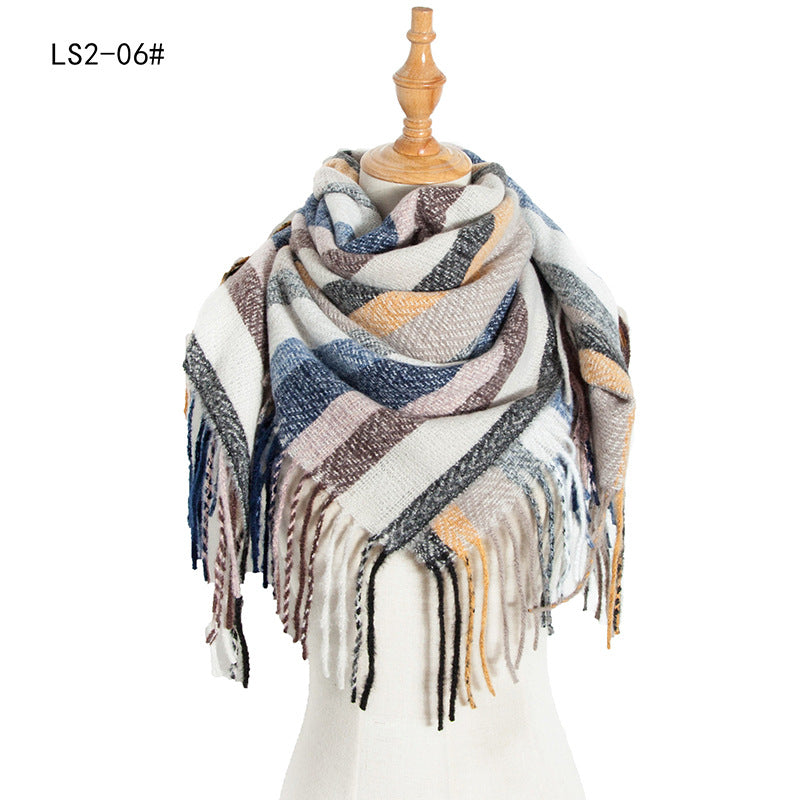 Yarn Stripe Grid Polyester Long Fringed Bristles Square Scarf Women Men's Bib Shawl