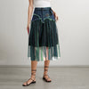 Denim Stitching Colorful Mesh Skirt Contrast Color High Waist Slimming Midi A- Line