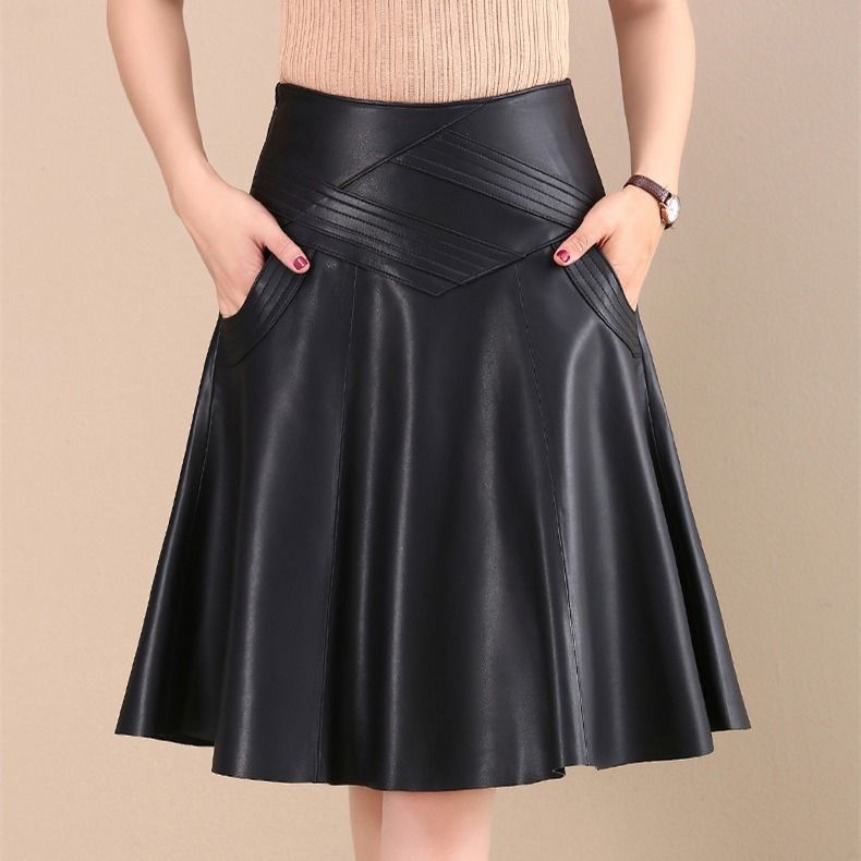 Mid-length high-waist pleated leather skirt skirt