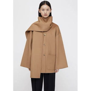 New Wide Version Loose Scarf Collar Design Woolen Coat Overcoat Women