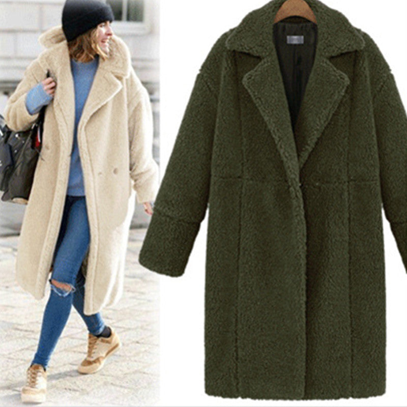 New Women's Cashmere Long-sleeved Solid Color Long Coat Woolen Coat