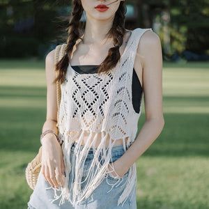 Bohemian Fringe Halter Top Hollowed-out Knit Vest