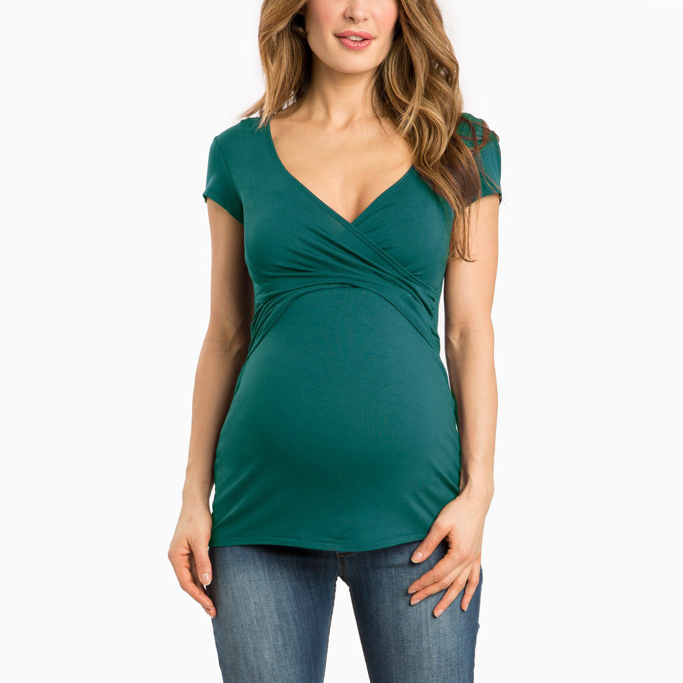 Summer Pregnant Women V-neck Solid Color Cross Nursing Wear Short Sleeve