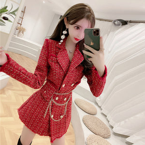 New Gold thread Plaid Suit Coat Women Notched Double breasted Feather Tassel Trim Slim Tweed Jacket With Free Belt bag