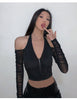 V-neck Halter T-shirt Women See-through Mesh Long Sleeve