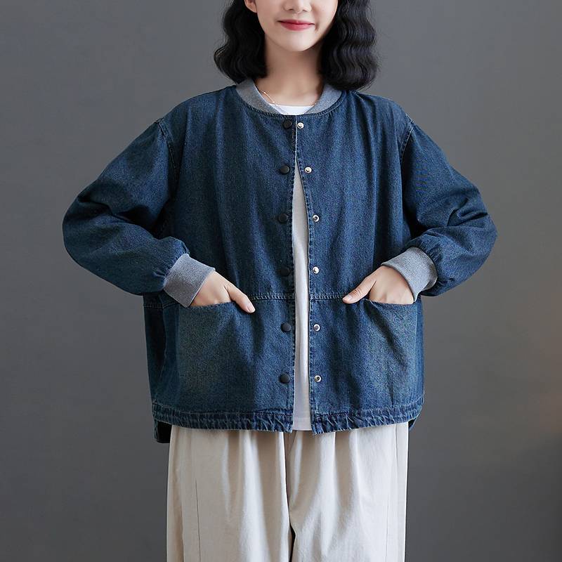 Denim Coat Women's Daily Top Vintage Thread Stand Collar Baseball Uniform Jacket