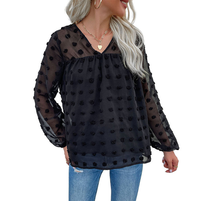 Long Sleeve V-neck Black Chiffon Shirt Fur Ball Jacquard Pullover Top