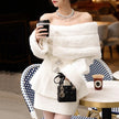 Off-shoulder Imitation Fox Fur Rhinestone Coat Short Skirt Two-piece Set