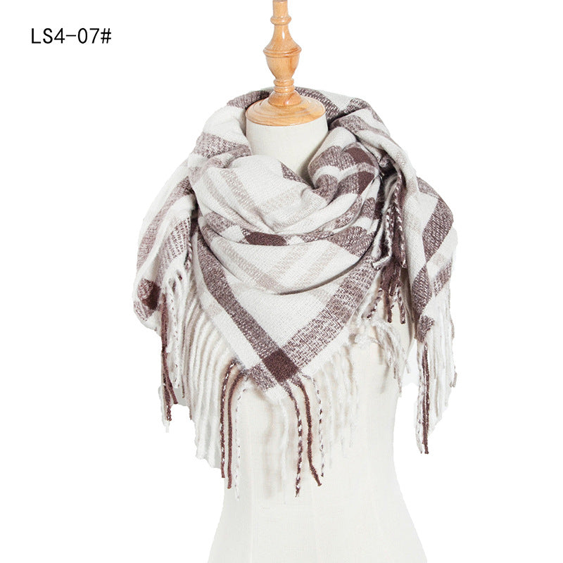 Yarn Stripe Grid Polyester Long Fringed Bristles Square Scarf Women Men's Bib Shawl