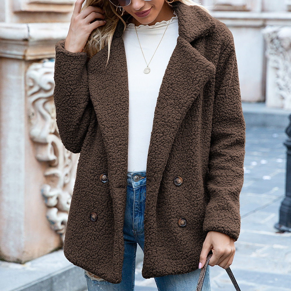 Button Lapel Jacket Winter Loose Fluffy Cardigan Sweater Coat Women