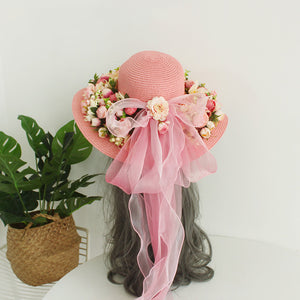 Ladies Handmade Flower Big Brim Straw Hat