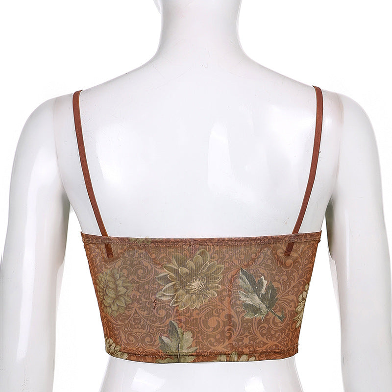 Bohemian Niche Printed Mesh Brown Underwear Spaghetti-strap Slip