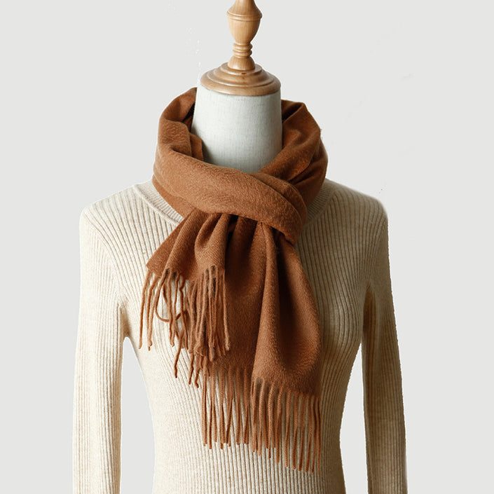 Solid Color Autumn And Winter Tassel Pure Cashmere Scarf For Women