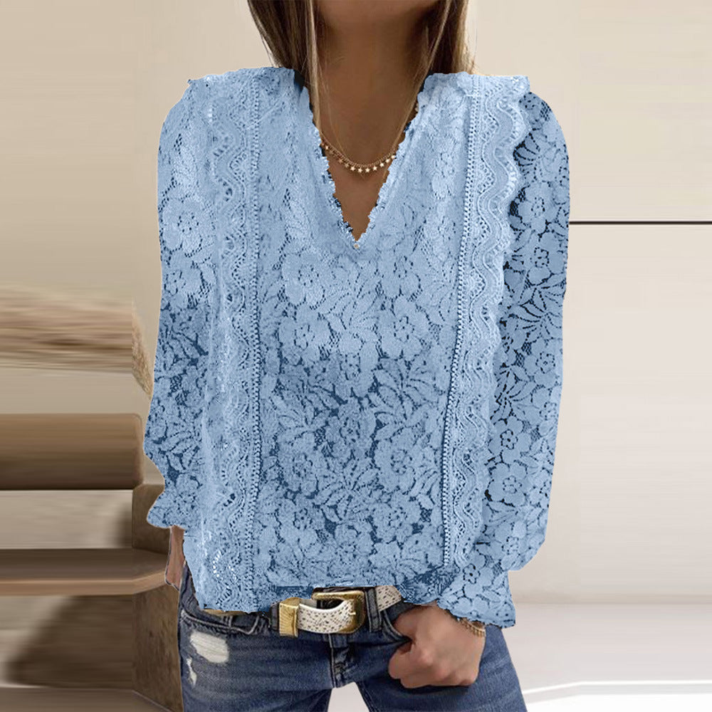 Solid Color Pullover Lace Mesh Crochet Casual Long Sleeve T-shirt