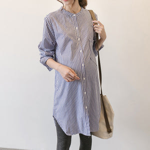 Spring and Autumn maternity dress new Korean version of the pregnant women shirt skirt long-sleeved pregnant women shirt striped stand collar long dress