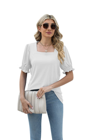 New Solid Color Square Collar Short Sleeve Smocking Loose T-shirt