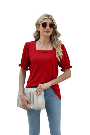 New Solid Color Square Collar Short Sleeve Smocking Loose T-shirt