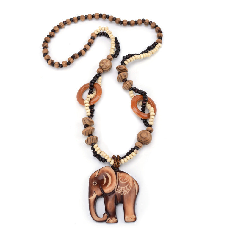 Fashion Retro Artistic Accessories All-match Wooden Long Necklace Elephant Pendant Men And Women Jewelry Hanging