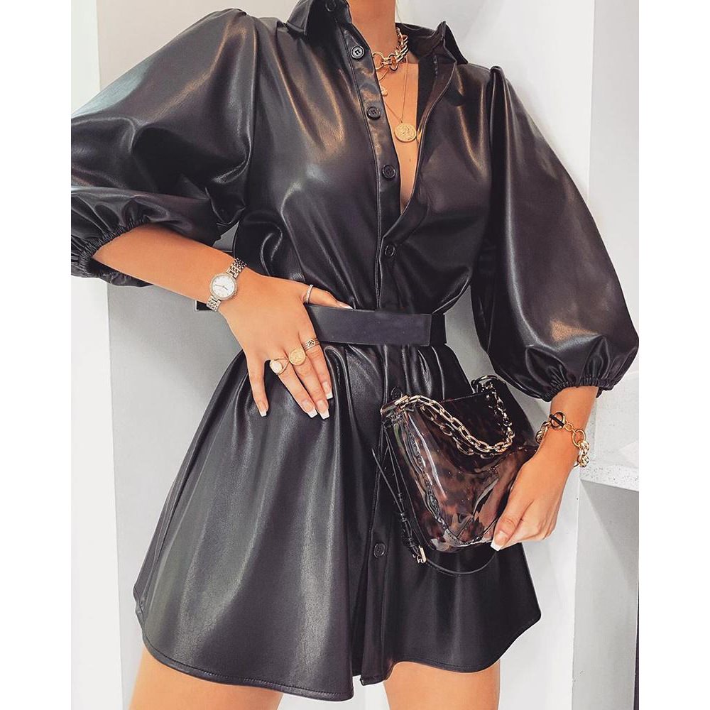 Women's leather short sleeve dress