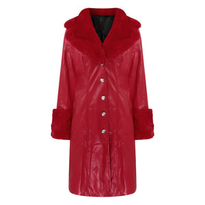 Lapel Long Coat Fur Collar Temperament Zipper Women PU Jacket