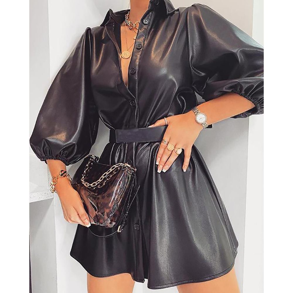 Women's leather short sleeve dress