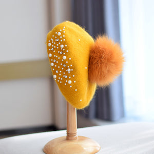 Fox Fur Ball Beret Female Woolen Pearl