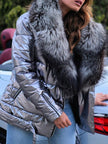 Fashion Winter Cotton Jacket With Big Fur Turndown Collar Silver Black Waterproof Lace Up Coat