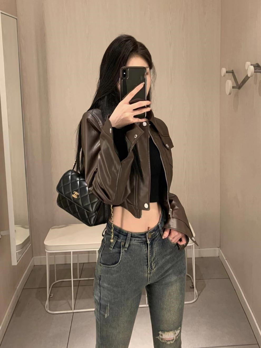 Sweet Cool Hot Girl Style Coffee Color Leather Coat Motorcycle Jacket Top