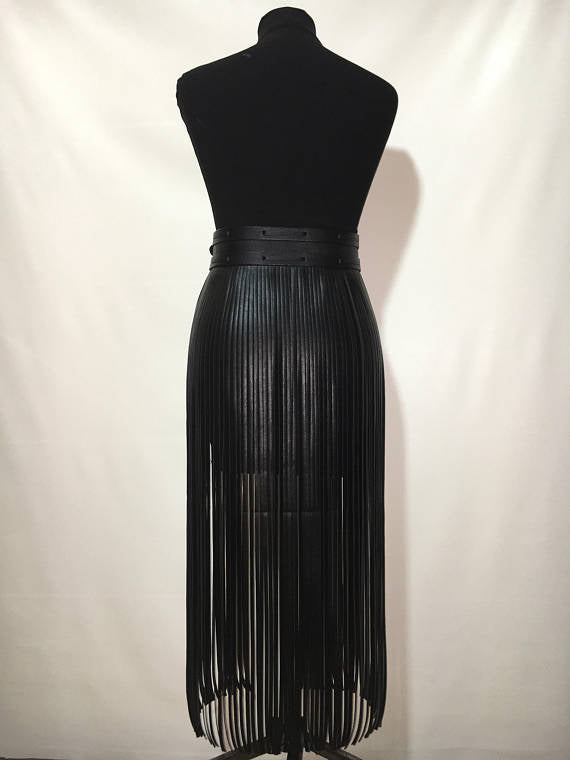 Women's Striped Leather Fringe Belted Leather Skirt