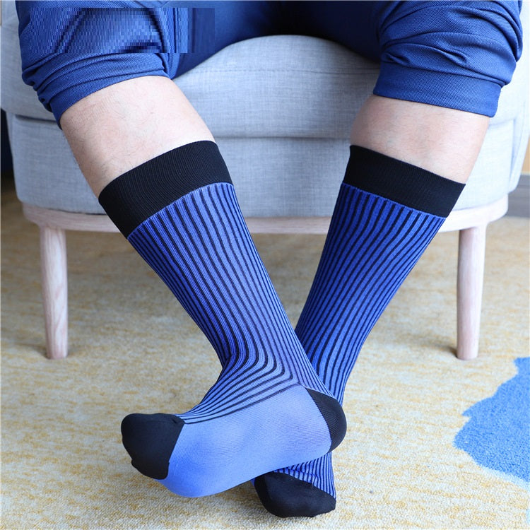 Autumn And Winter Black And Blue Striped Mid-calf Business Men Socks