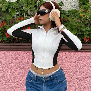 Black and white color contrast motorcycle zipper T-shirt women