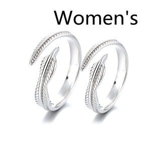 S925 Sterling Silver Feather Couple Ring Men And Women Pair Ring Opening Personality Fashion Jewelry