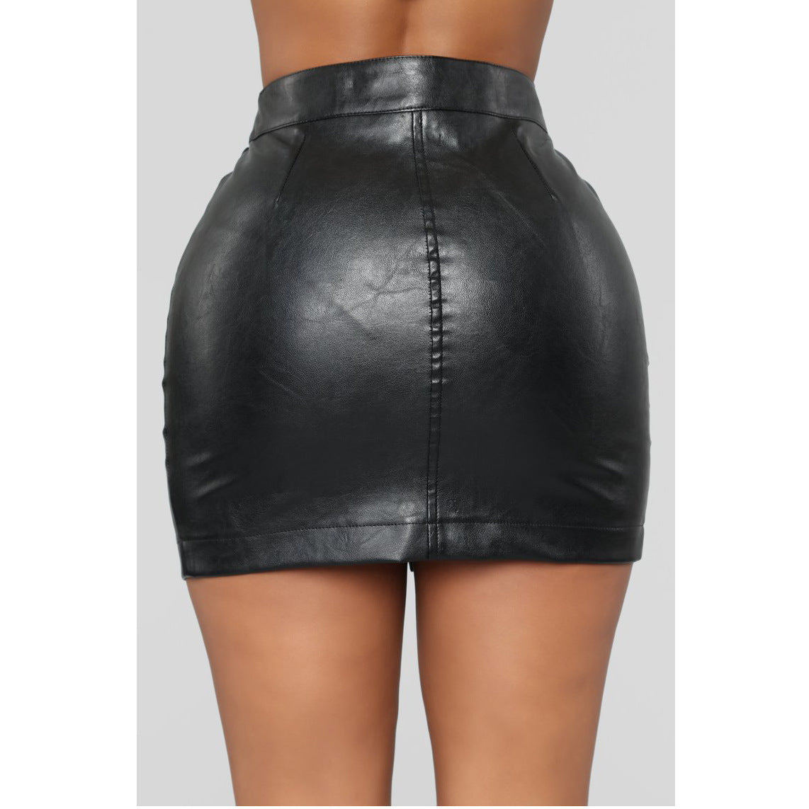 Stitching Strap Black Leather Skirt